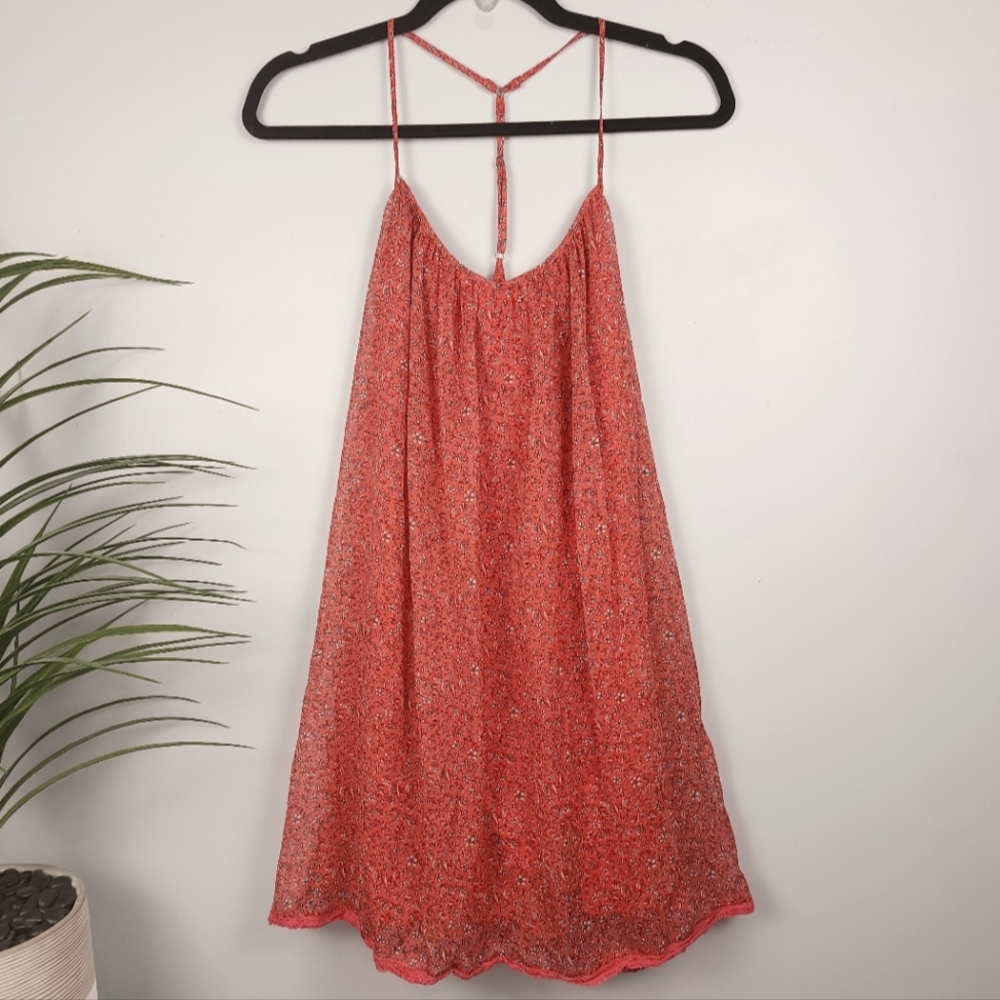 Abercrombie & Fitch Red/Orange Floral T Strap Shift Dress Lace Trim Size XS